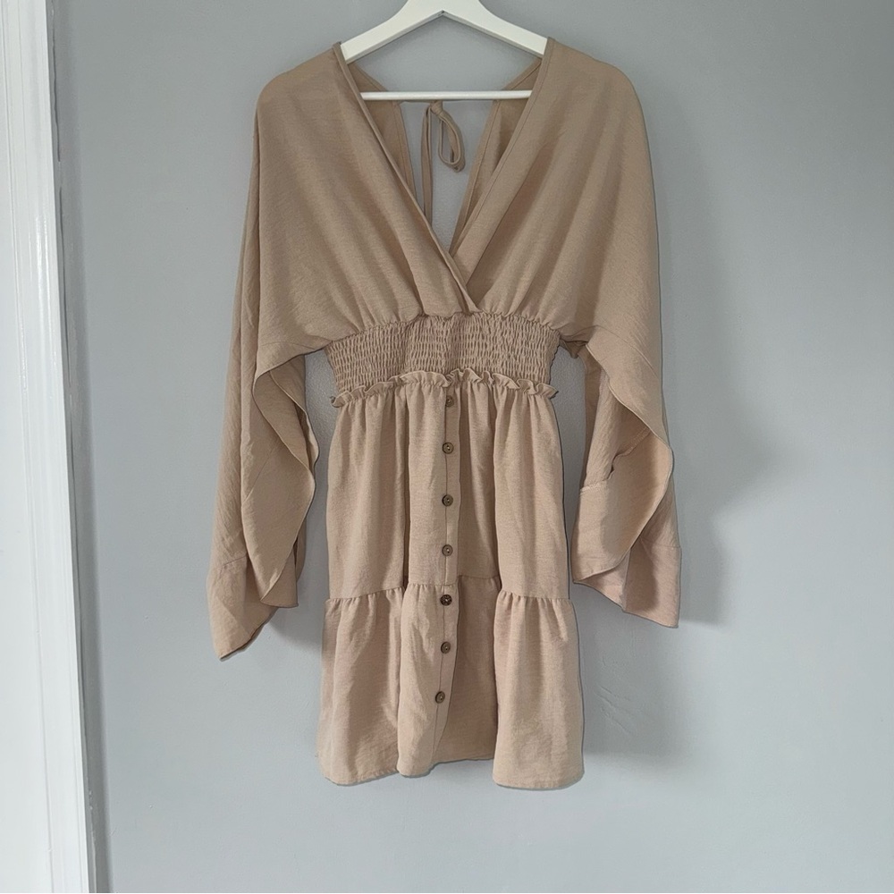 Stylish Tan Button-Front Dress with Bell Sleeves
